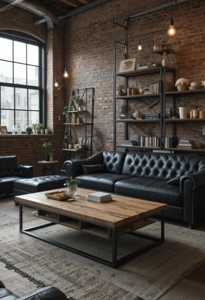 Black leather couch creating a timeless industrial-style living room.