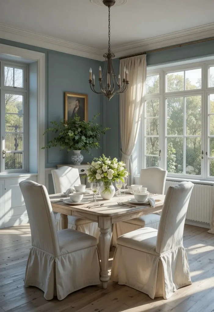 Soft denim blue dining room with whitewashed table, linen chairs, and French country decor.