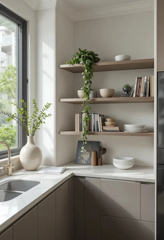 Corner floating shelves maximizing kitchen storage and display space.