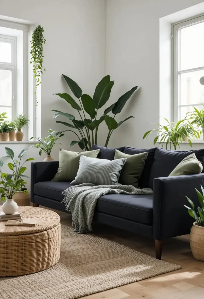 Black couch paired with sage green decor for a calming natural aesthetic.