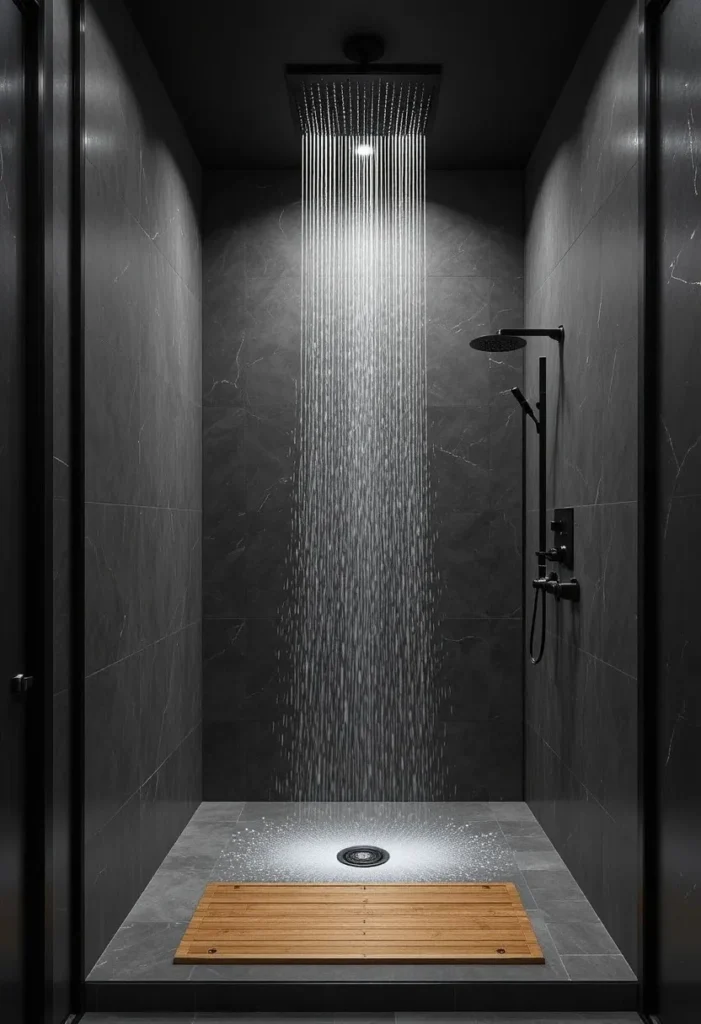 Modern wet room bathroom with an open walk-in shower and sleek charcoal finishes.
