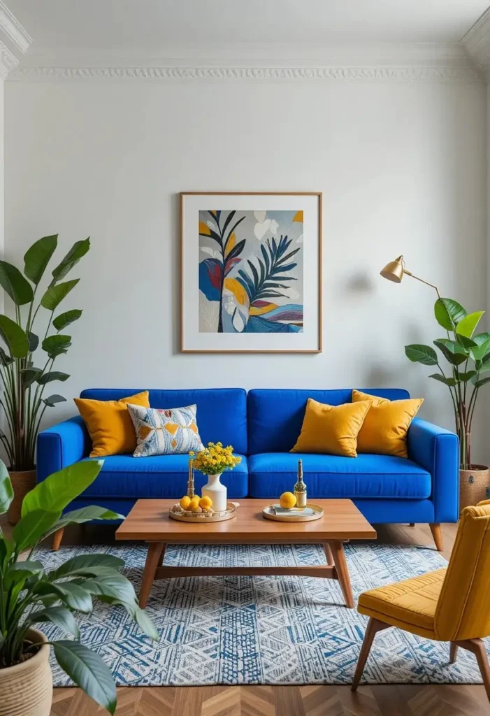 Cobalt blue sofa creating a bold focal point in a modern living room.
