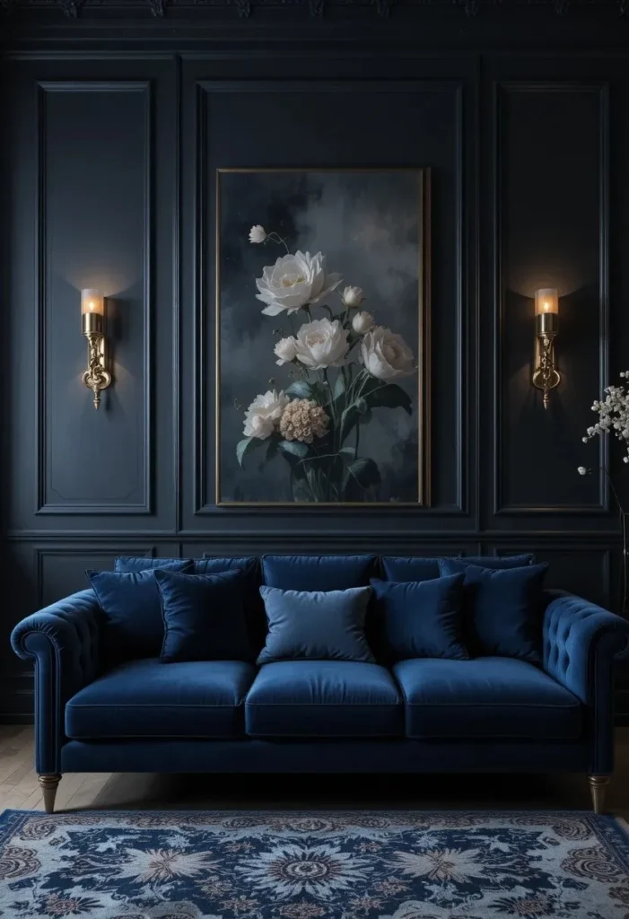 Navy blue couch styled with dark moody walls and luxurious warm lighting.