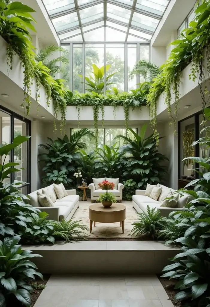 Sunken living room bordered by indoor plants for a fresh garden-inspired look.