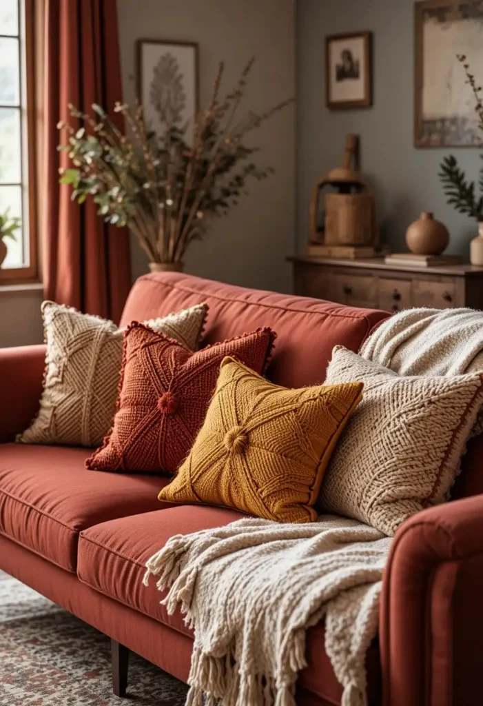 Red couch decorated with earthy tone throw pillows in a warm living room.