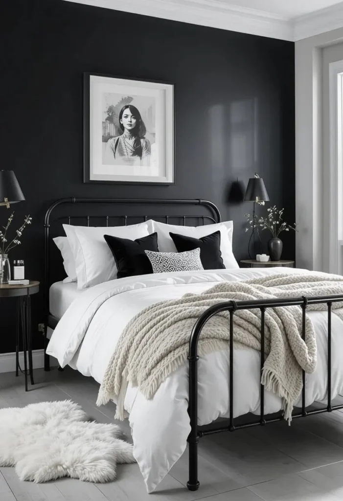 Black accent wall with monochrome bedroom decor and white bedding.