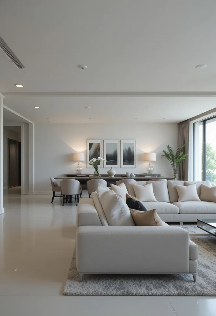 Sofa placement naturally dividing a living room from a dining space.