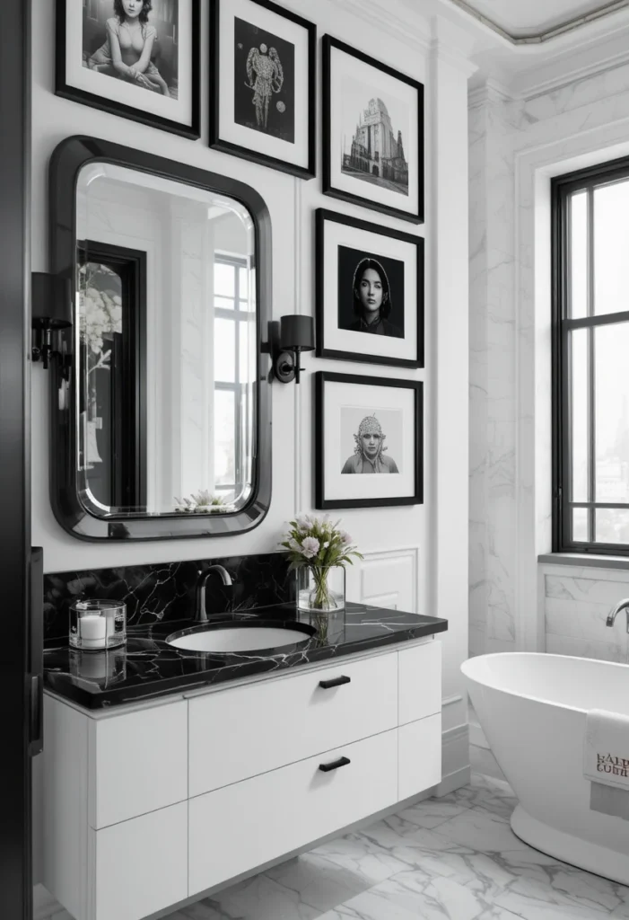 Black and white bathroom featuring a stylish monochrome gallery wall.