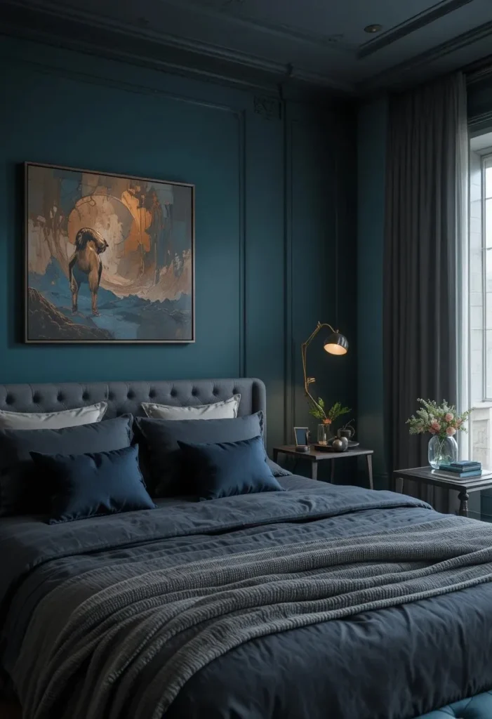 Dark teal green accent wall paired with charcoal bedding and modern decor.