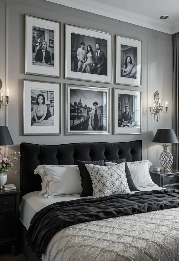 Monochrome gallery wall with silver frames in a black and silver bedroom.