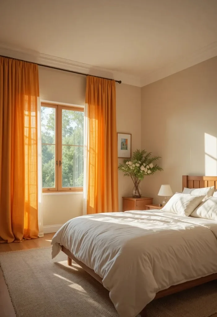 Burnt orange linen curtains creating a warm glow in a bright bedroom.