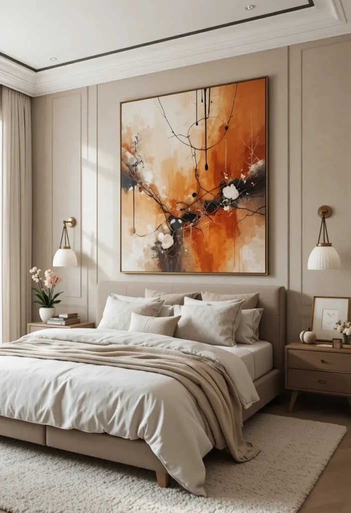 Large orange abstract artwork displayed above a neutral bedroom bed.