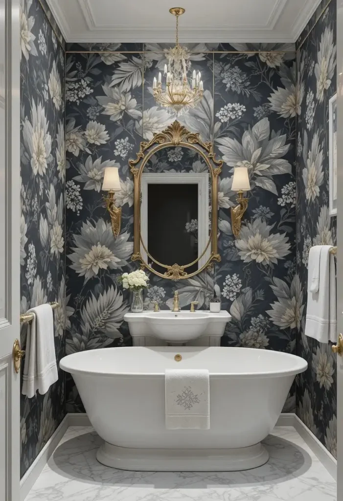 Botanical wallpaper creating a striking feature wall in a bathroom.