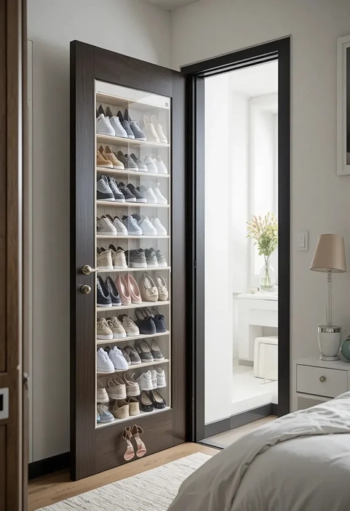 Clear over-the-door shoe organizer holding multiple pairs of shoes in a small bedroom.