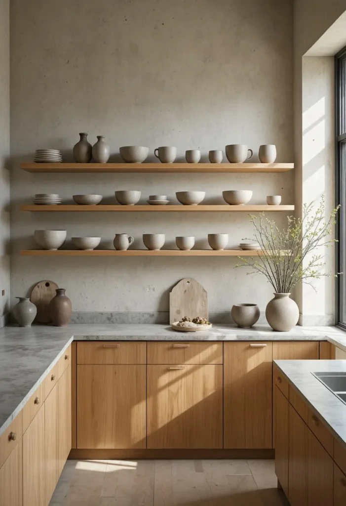Handmade wabi-sabi ceramics displayed on floating shelves in a Japandi kitchen.
