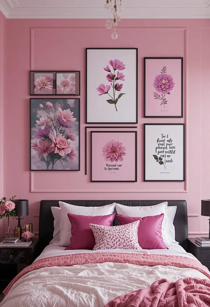 Bedroom featuring a pink and black themed gallery wall above the bed.
