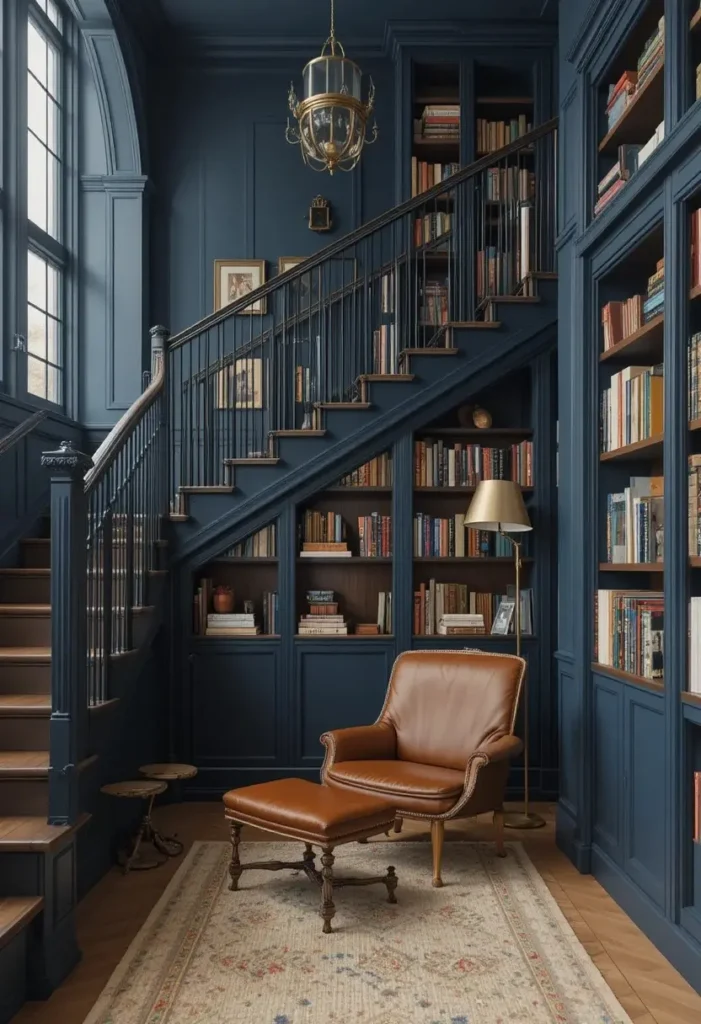 Sunken living room with built-in bookshelf steps and a cozy reading corner.