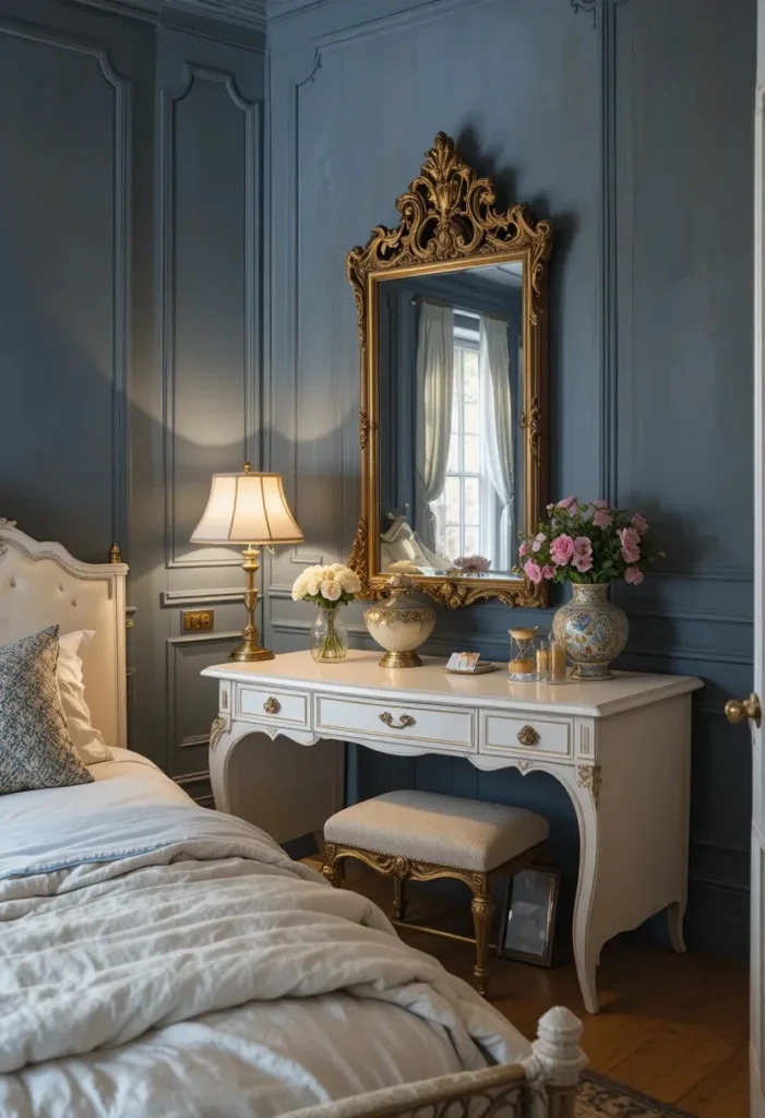 Romantic bedroom with French blue walls and vintage elegant decor