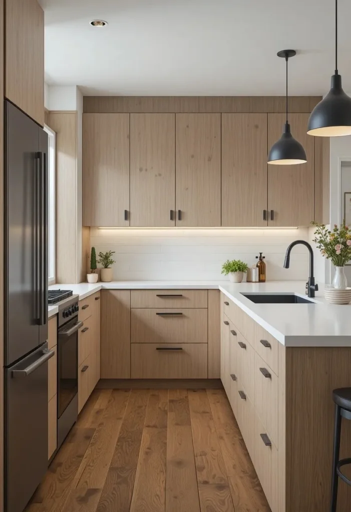 Natural white oak kitchen cabinets with matte black hardware for a modern and stylish contrast.