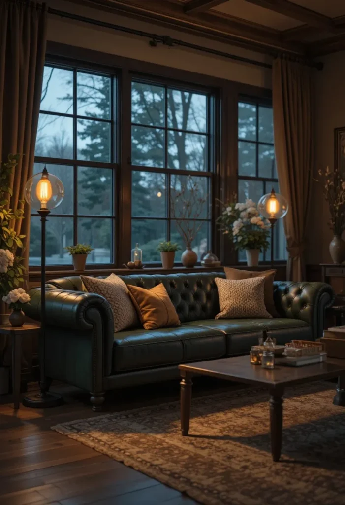 Green leather couch enhanced by warm Edison lighting for a cozy evening ambiance.