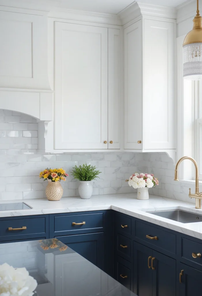 White and navy two-tone kitchen with timeless style and brass accents.
