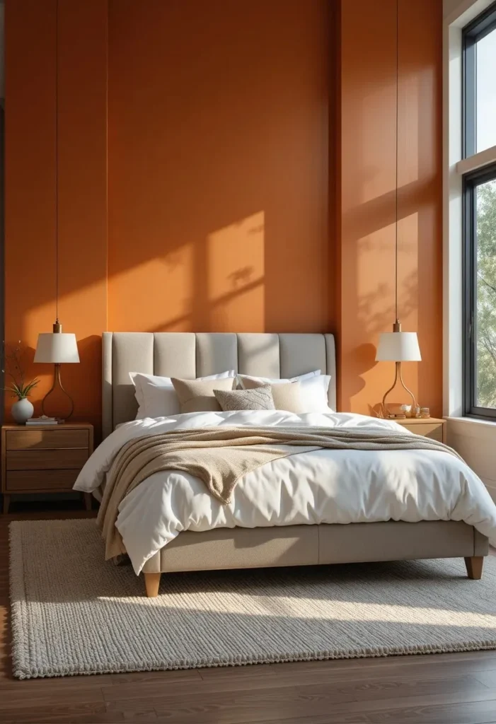 Burnt orange accent wall behind a bed with white bedding and warm wood furniture.