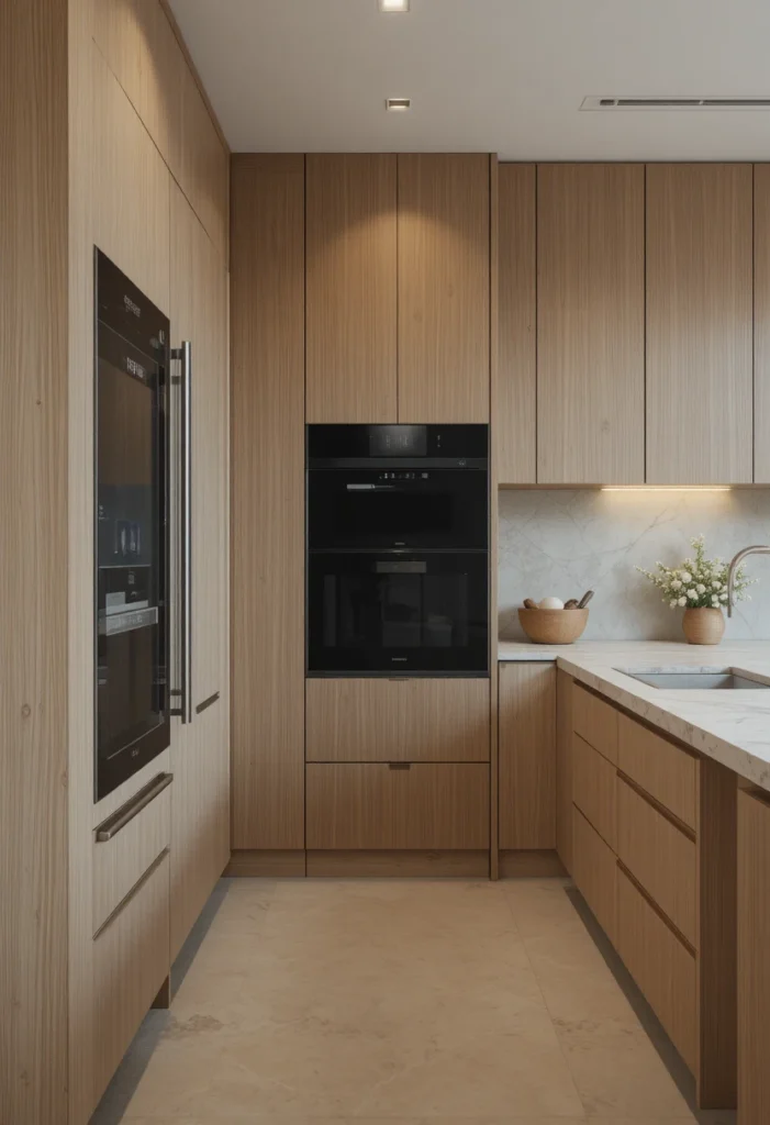 Japandi kitchen with hidden integrated appliances behind matching oak cabinets.