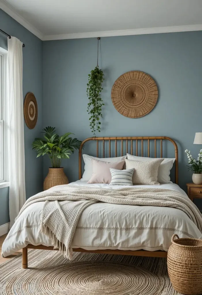 Boho bedroom with blue walls and natural rattan textures