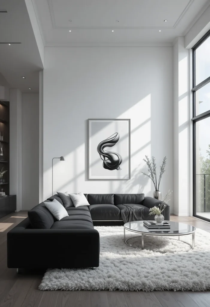 Black couch creating bold contrast against crisp white walls in a modern living room.