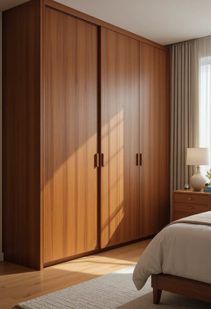Teak sliding-door wardrobe providing sleek storage in a mid century bedroom.