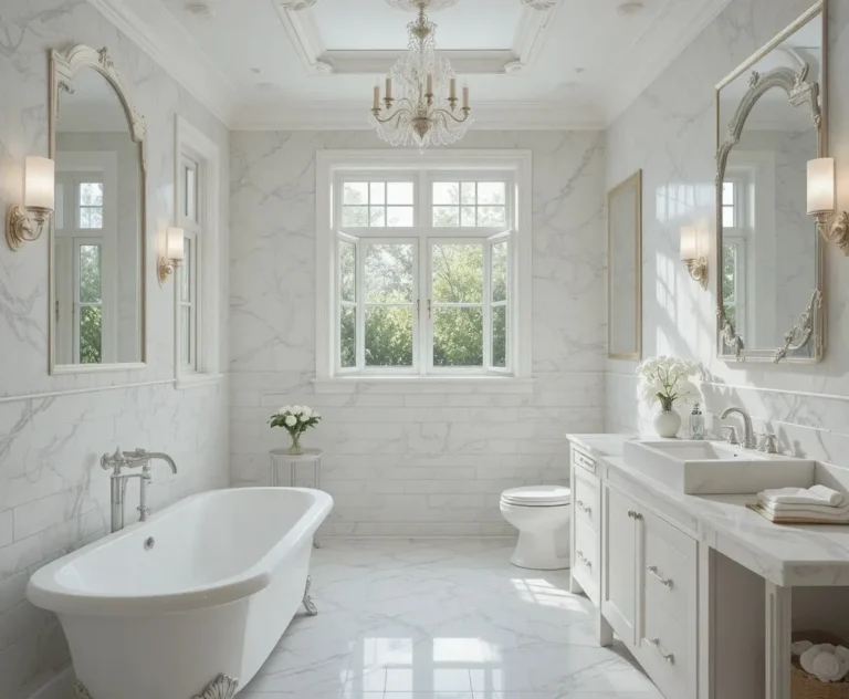 Full view of Beautiful white bathroom look