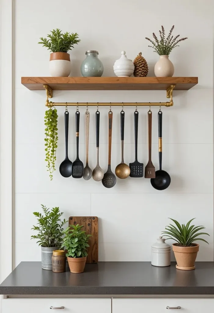 Floating shelf with utensil rail providing stylish kitchen storage.