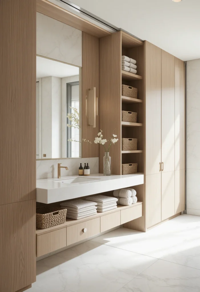 Floor-to-ceiling bathroom cabinets maximizing storage with a custom luxury design.
