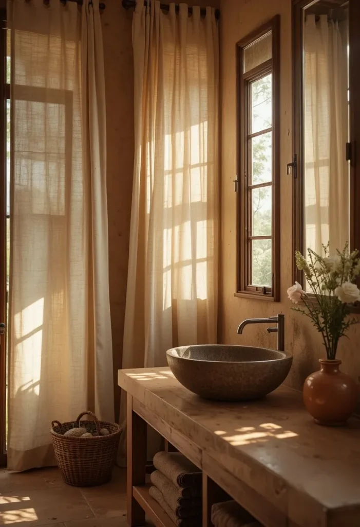 Natural linen bathroom curtains creating a warm and organic atmosphere.