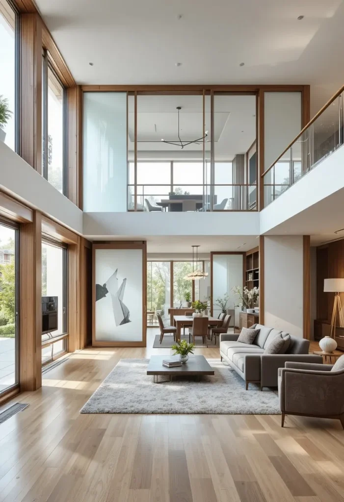 Modern sliding panels separating living zones while maintaining an open feel.
