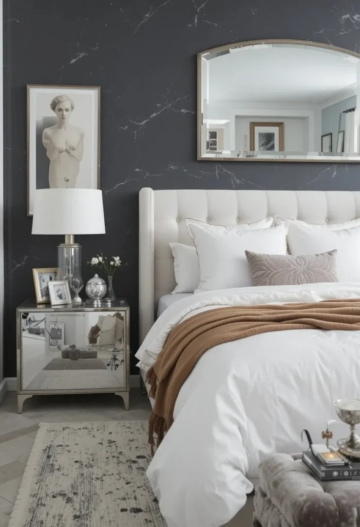 Charcoal grey accent wall with modern white and neutral bedroom decor.