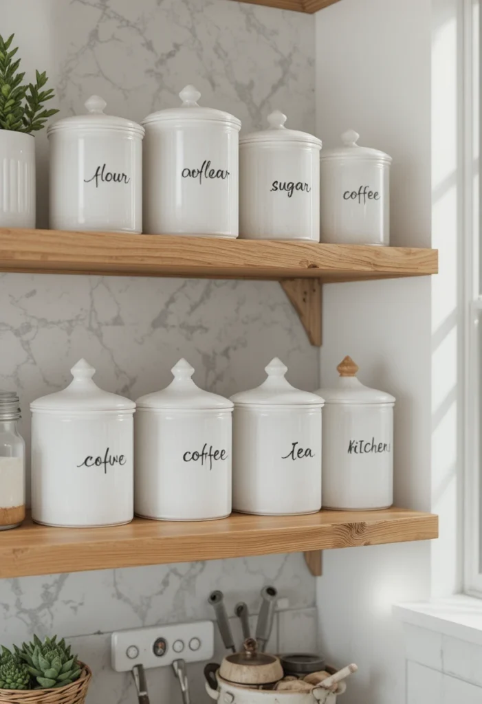 Floating shelf displaying matching ceramic kitchen storage canisters.