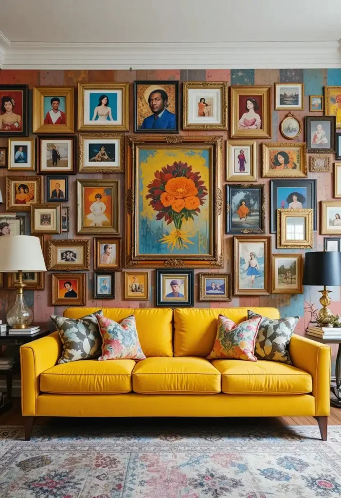 Bold yellow sofa positioned beneath a colorful maximalist gallery wall.