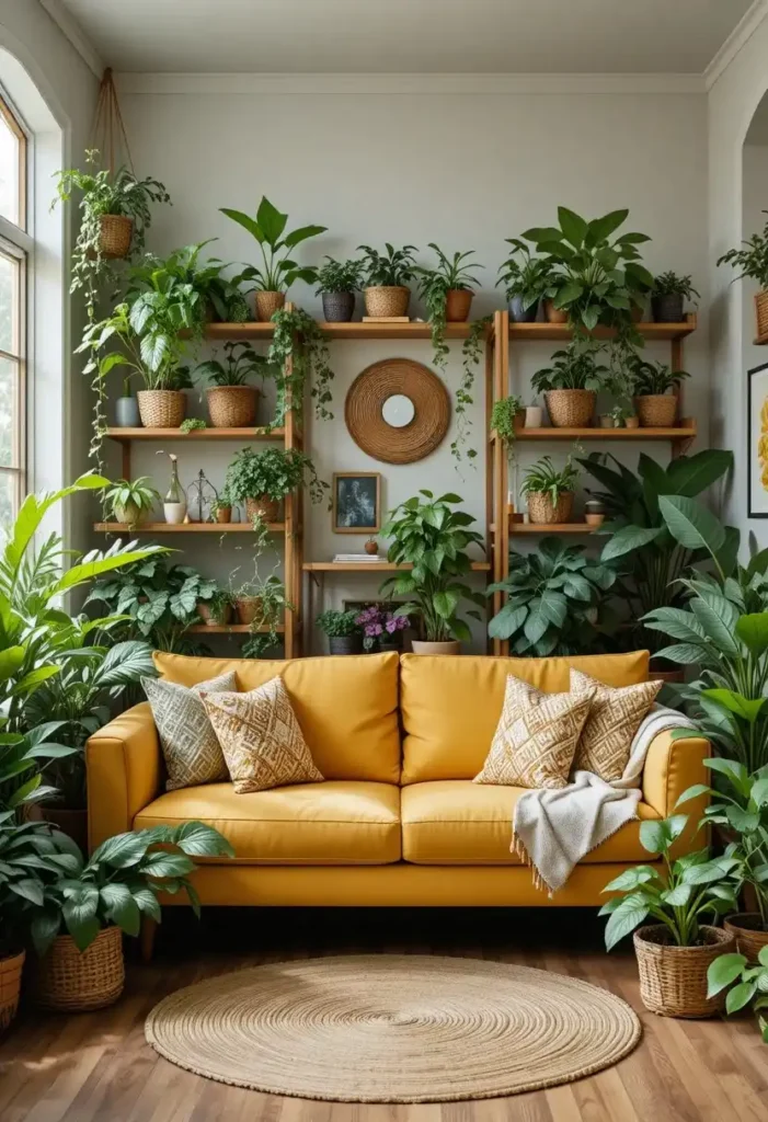 Yellow sofa surrounded by abundant greenery and natural home decor elements.