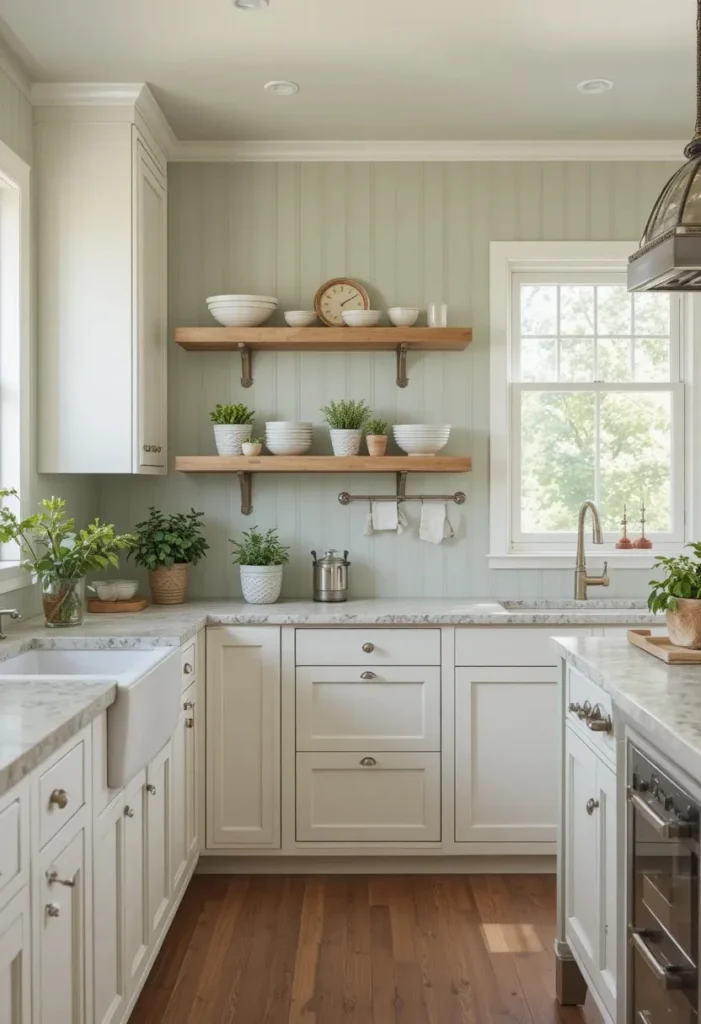 Sage green beadboard backsplash paired with wood shelves and brass accents in a farmhouse kitchen.
