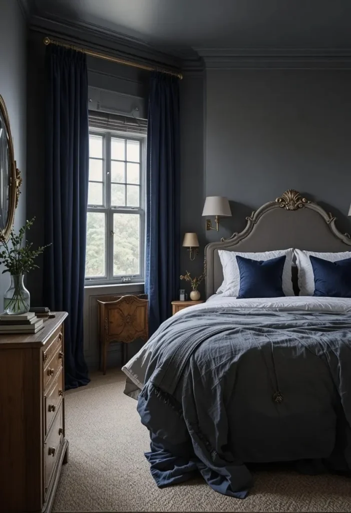 Stormy gray bedroom featuring rich navy blue accents and warm wood furnishings.