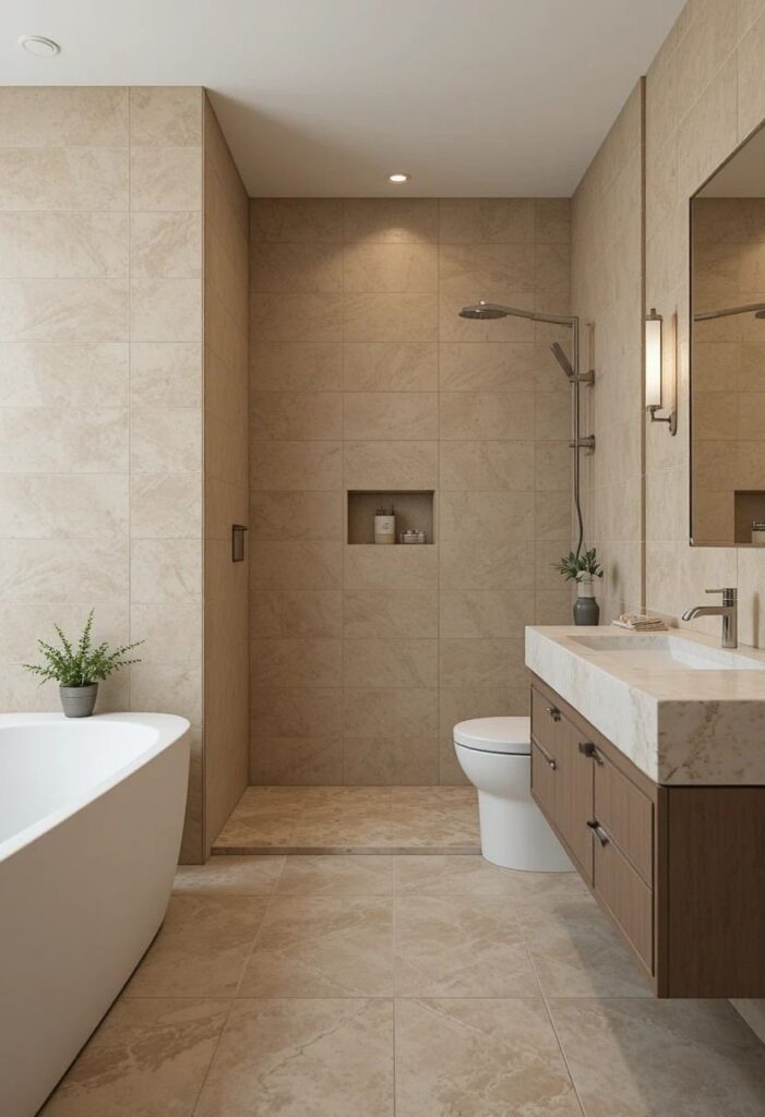 Monochromatic walk-in shower bathroom designed in soft neutral tones for a seamless look.