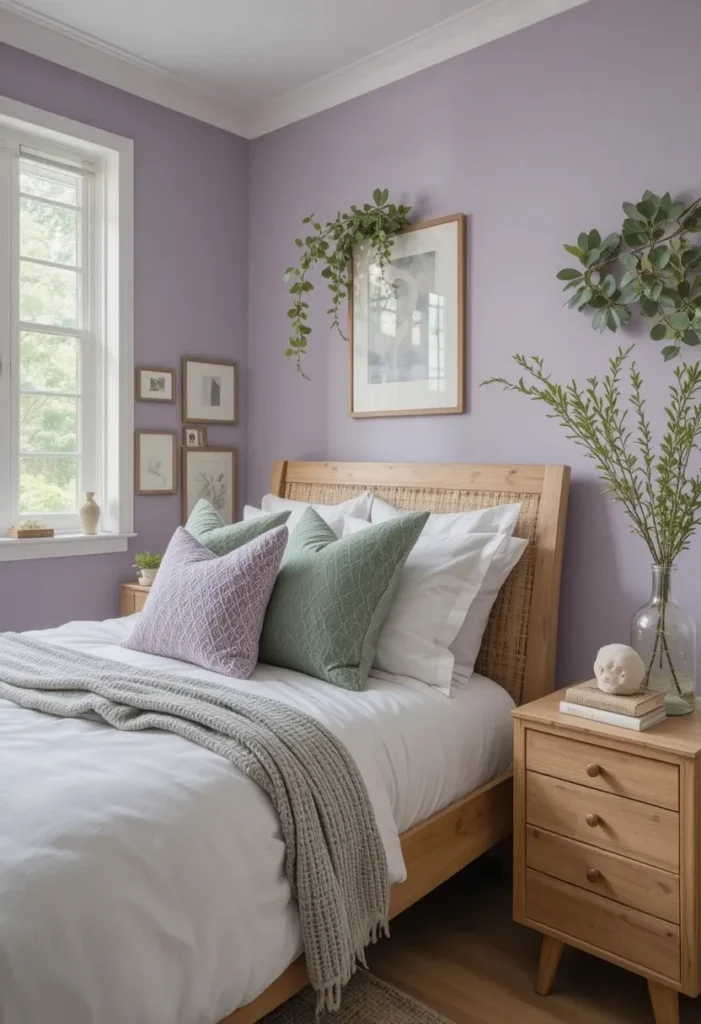 Lavender bedroom accented with sage green details for a fresh nature-inspired look.