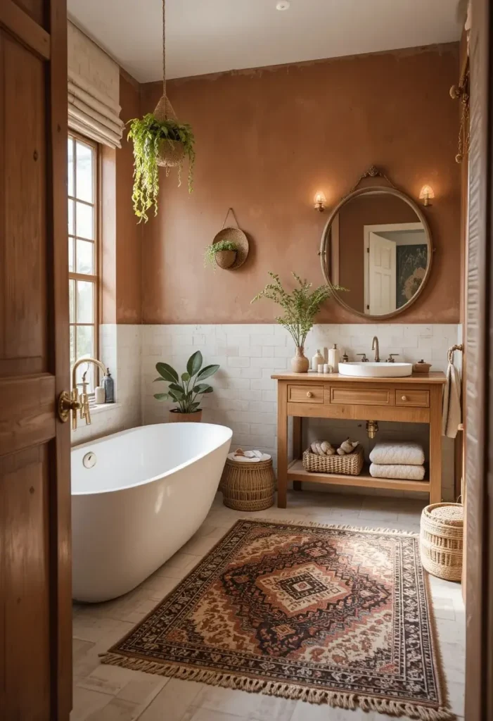 Layered jute and Moroccan rugs creating a cozy bohemian bathroom design.