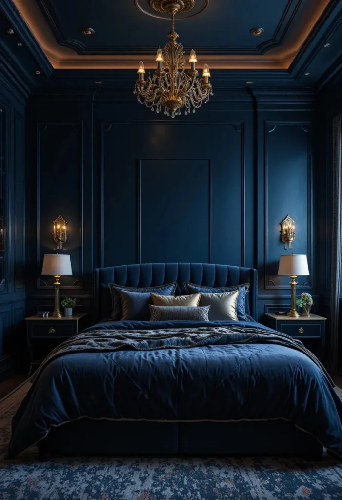 Elegant indigo bedroom with luxurious velvet and gold details