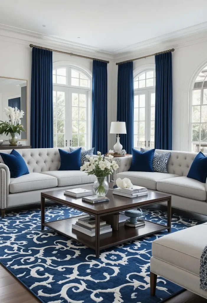 Light grey couch styled with navy blue accents and classic white decor.