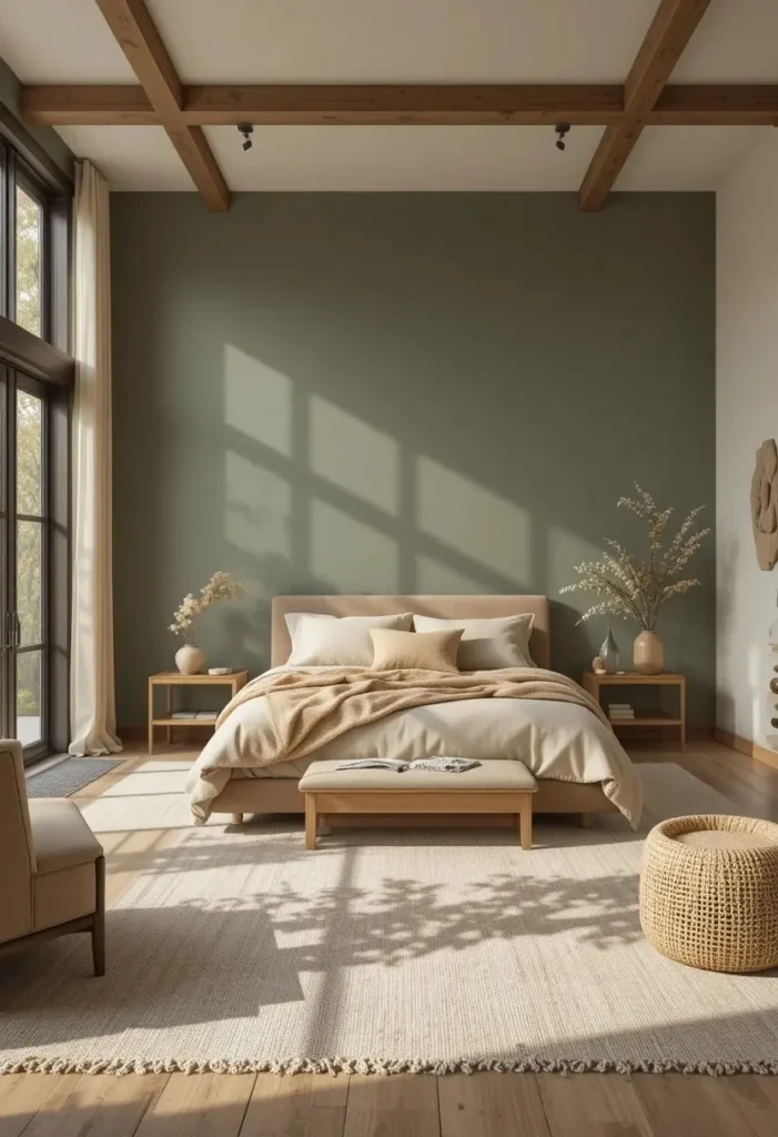 Master bedroom with earthy sage green walls, natural wood furniture, and warm neutral bedding.