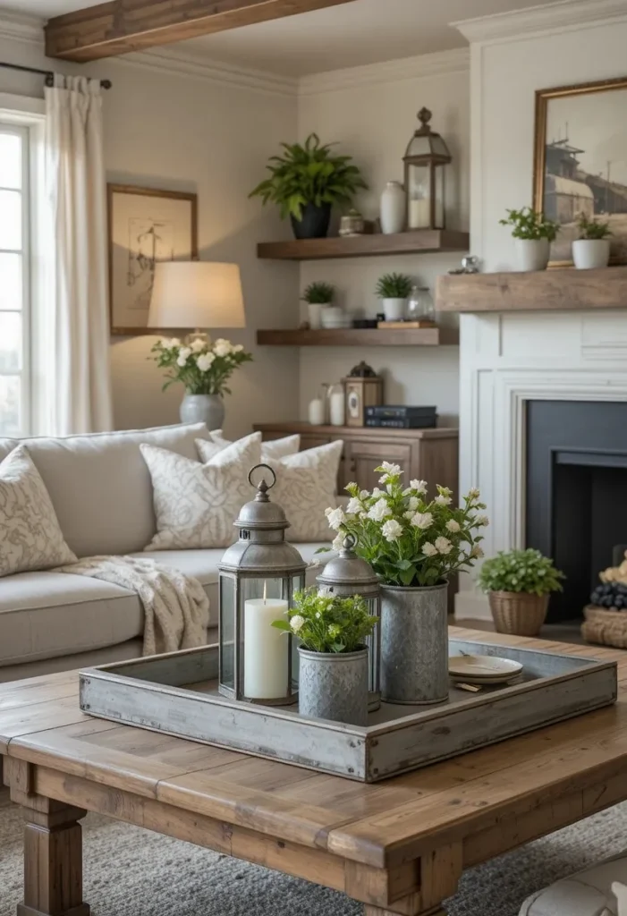 Galvanized metal accents adding rustic industrial charm to a farmhouse living room.