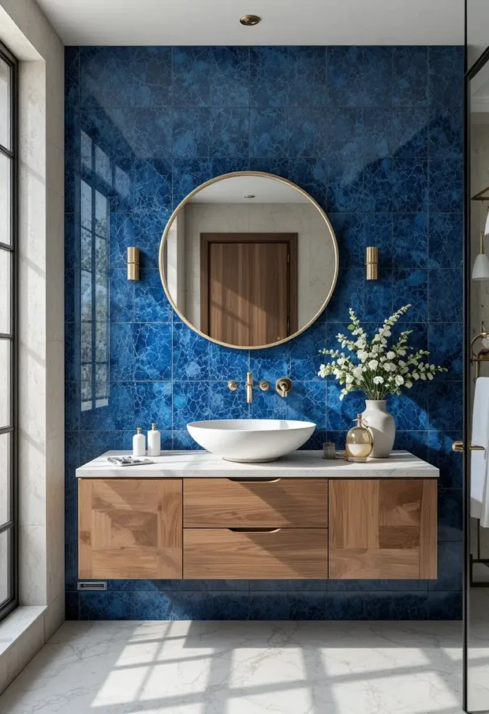 Handmade blue zellige bathroom tiles paired with brass fixtures and a walnut vanity for artisan luxury.