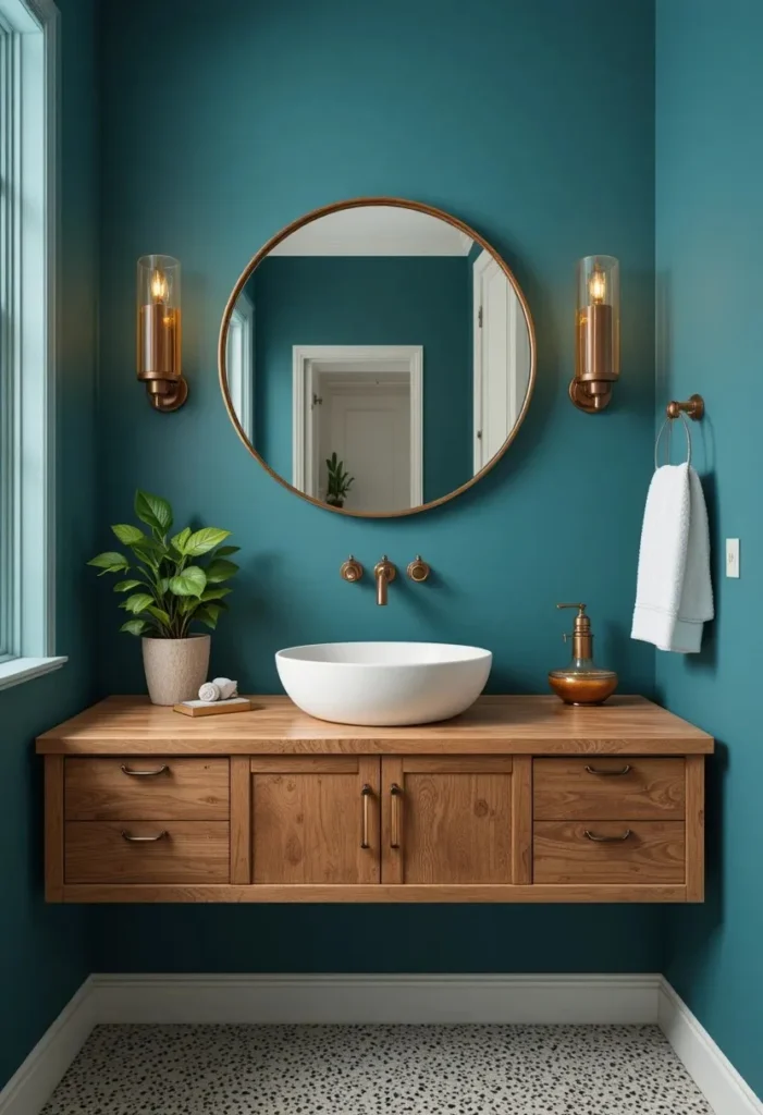 Teal blue bathroom walls paired with warm wood and copper accents for vibrant modern style.